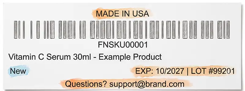 Example cosmetics product label with custom header, middle, and footer text