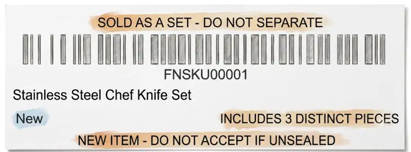 Example multi-piece bundle label with custom header, middle, and footer text