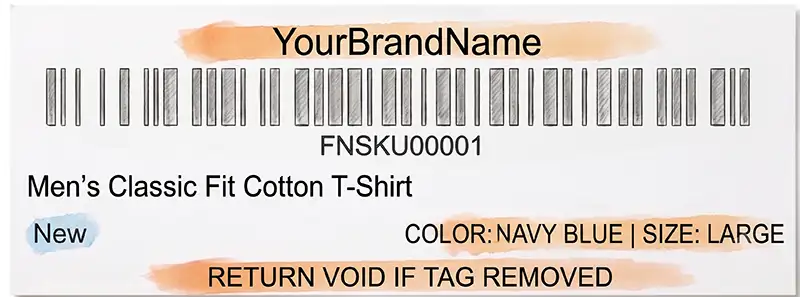Example apparel product label with custom header, middle, and footer text