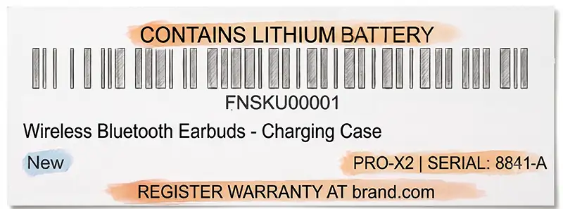 Example electronics product label with custom header, middle, and footer text
