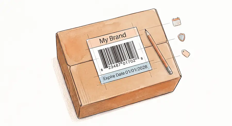 Custom text on Amazon FNSKU product barcode label showing header and footer text