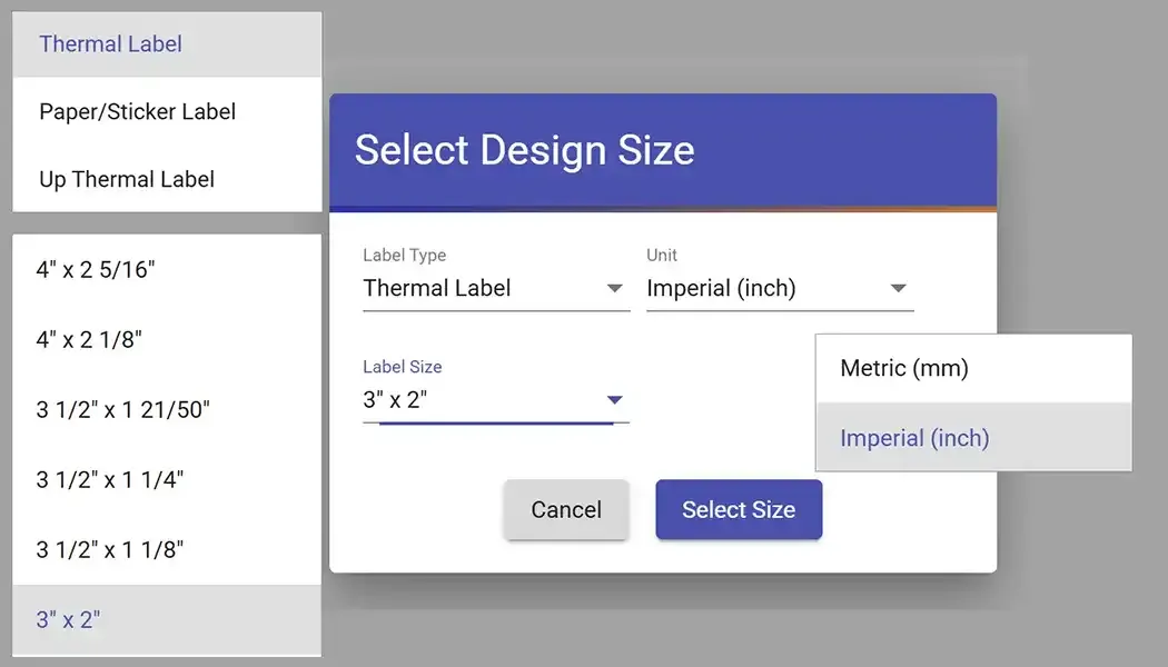 New design popup with label type and size settings