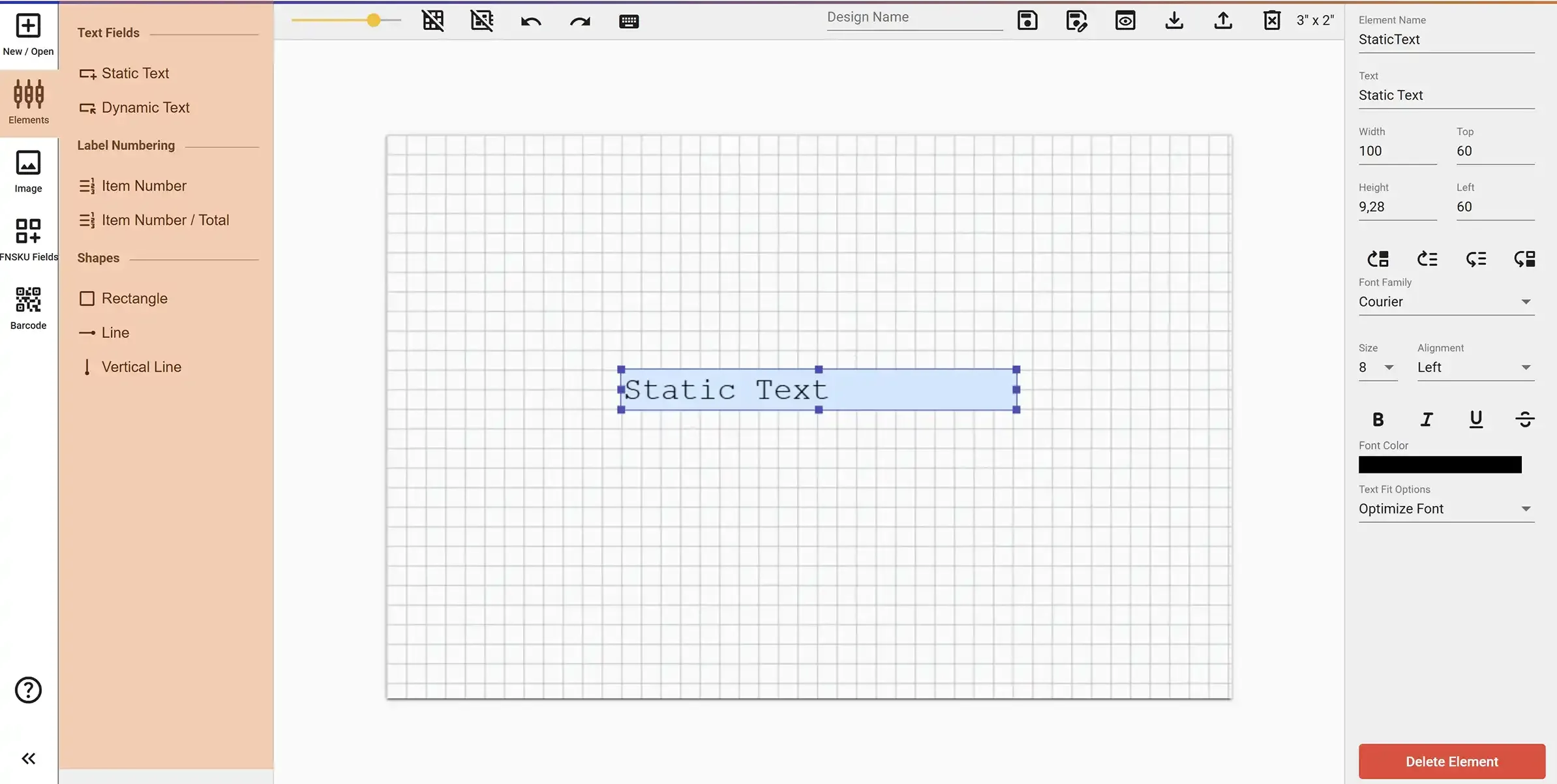 Elements panel in Label Editor
