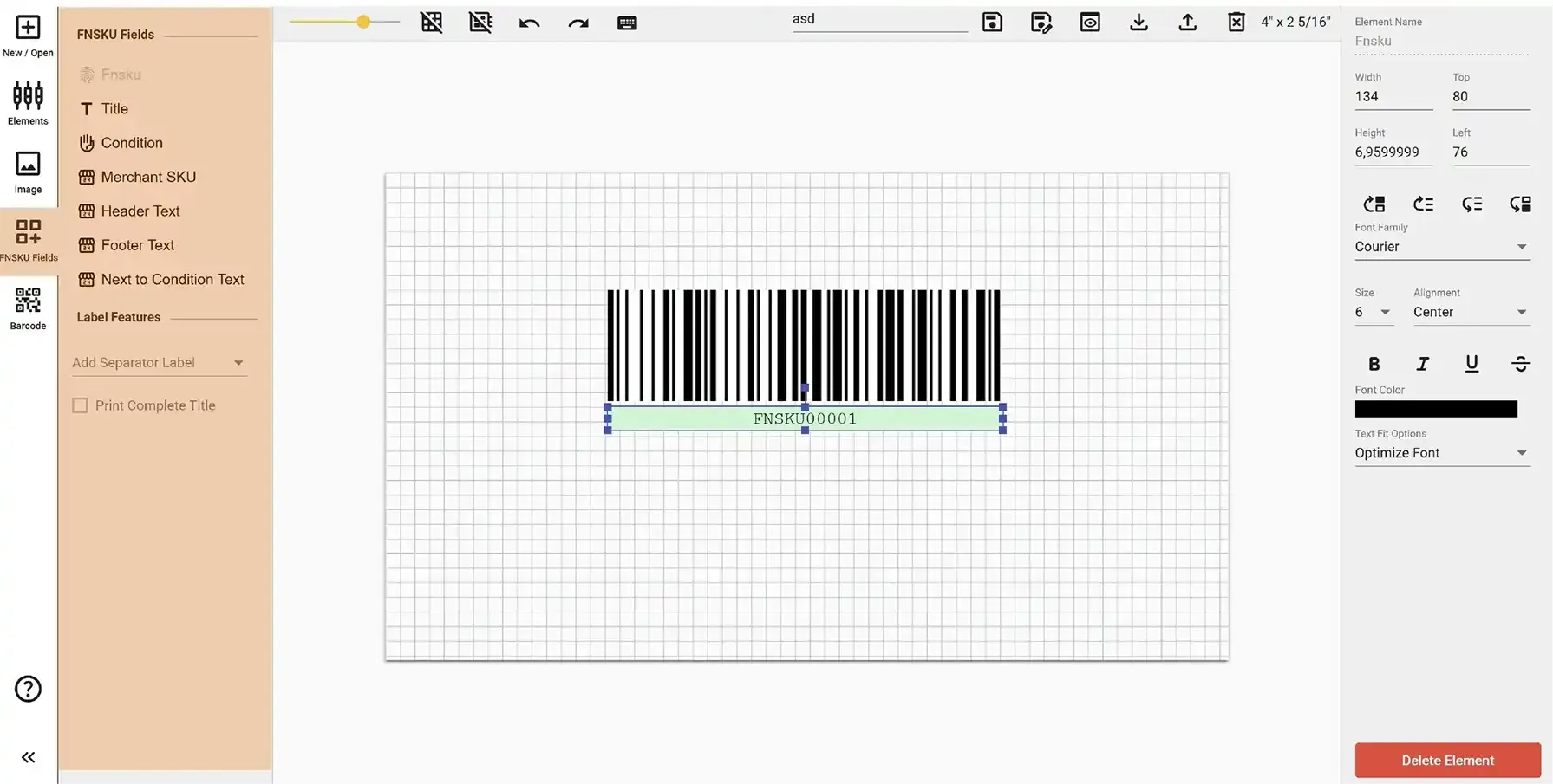 FNSKU Fields panel in Label Editor