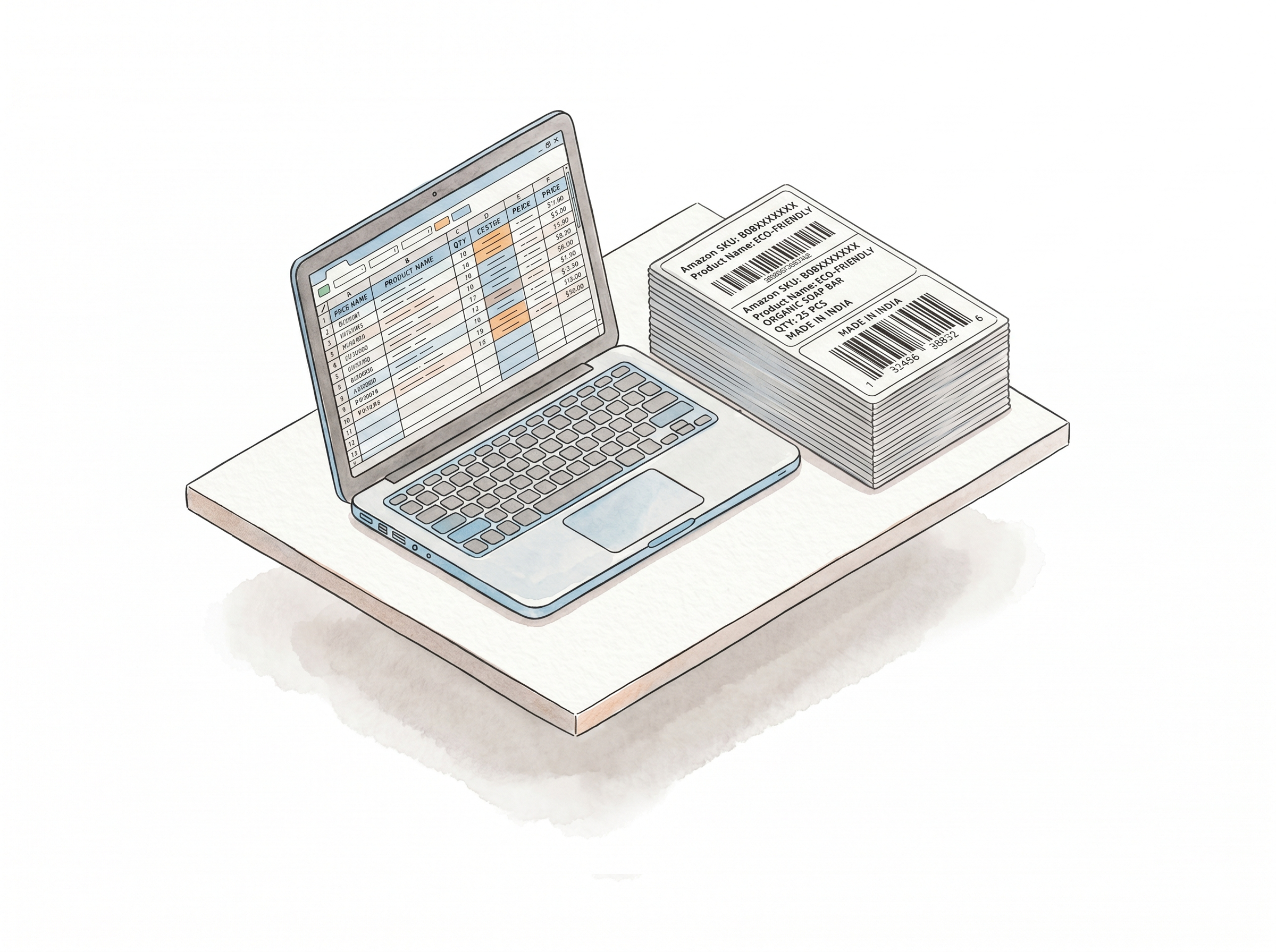 Spreadsheet template open in Excel showing required FNSKU and label fields
