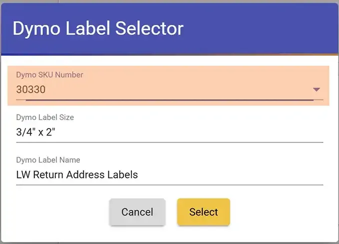 DYMO SKU selector