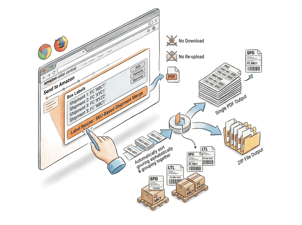 Merge button inside Send to Amazon for FBA split shipment box labels