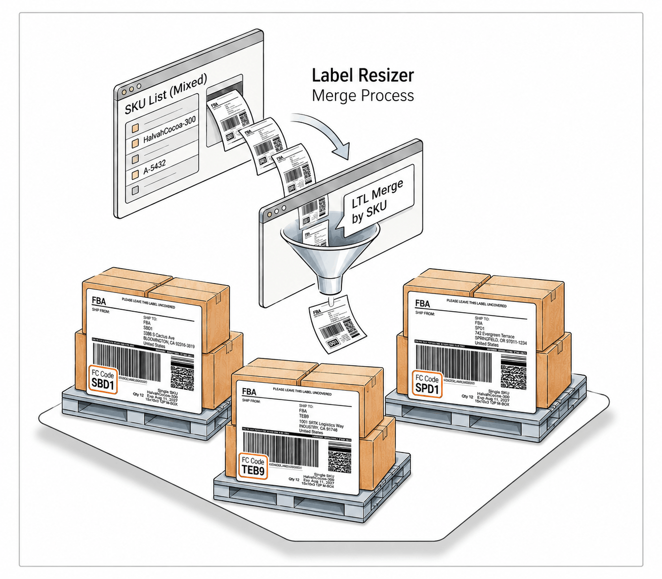LTL fulfillment center code labels and background processing for large FBA shipments