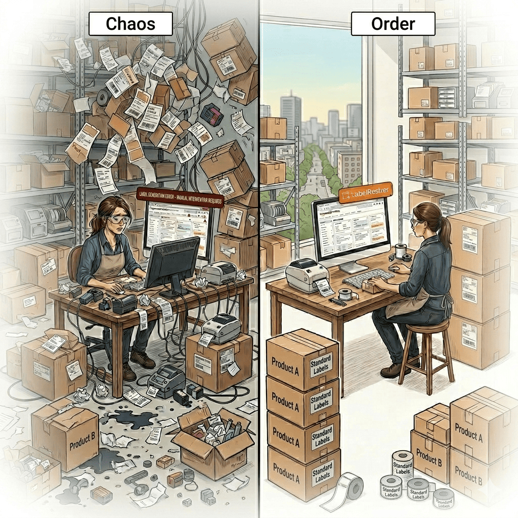 Organized FBA prep workflow with separator labels between product groups