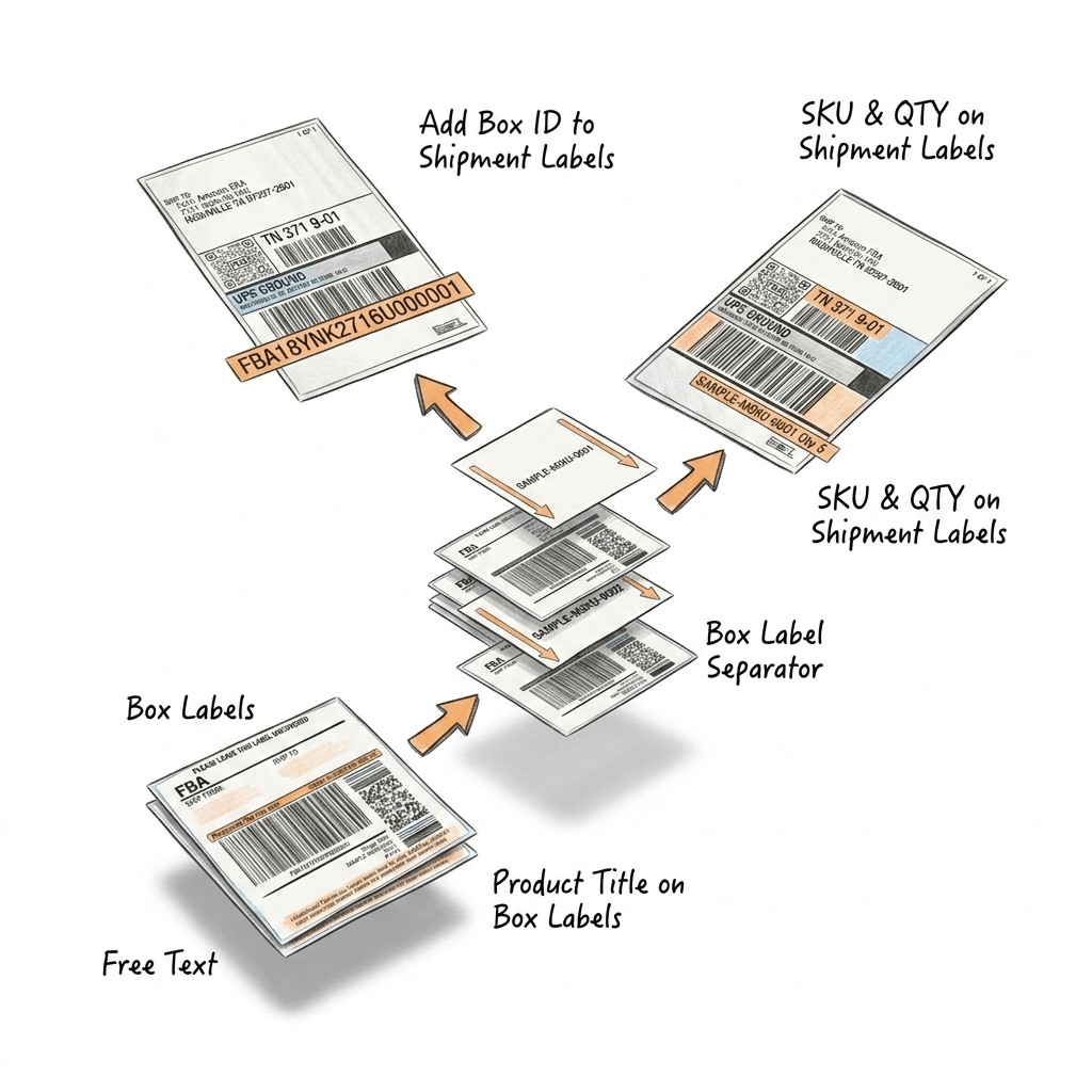 Box ID, SKU, quantity, and product title printed on Amazon FBA box labels