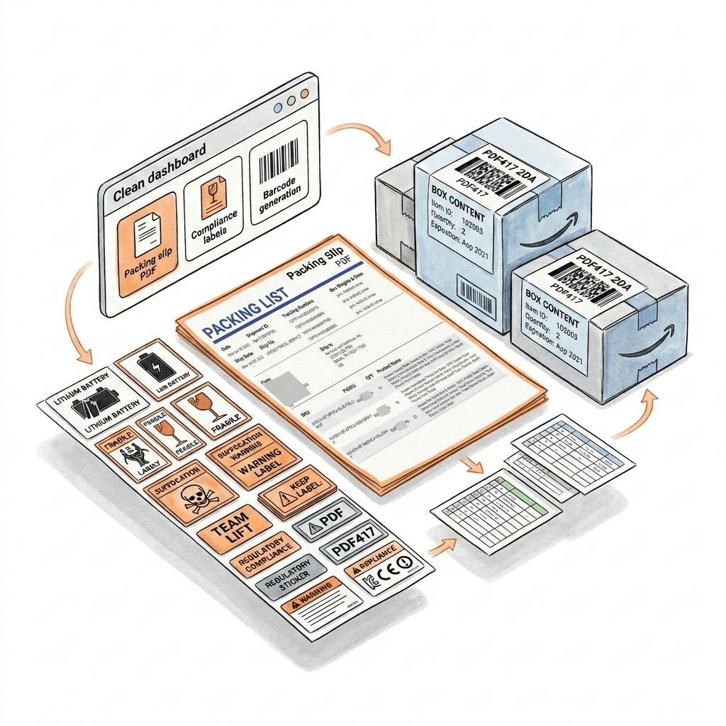 Amazon FBA packing slip, warning labels, and 2D barcode for box content