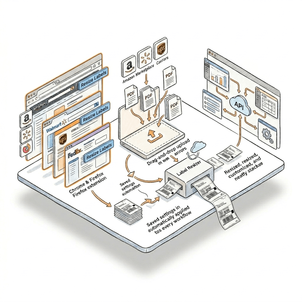 Generating shipment labels via browser extension, web uploader, or API