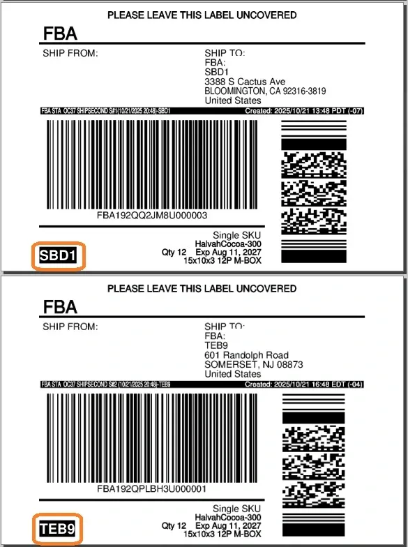 Fulfillment center code on label