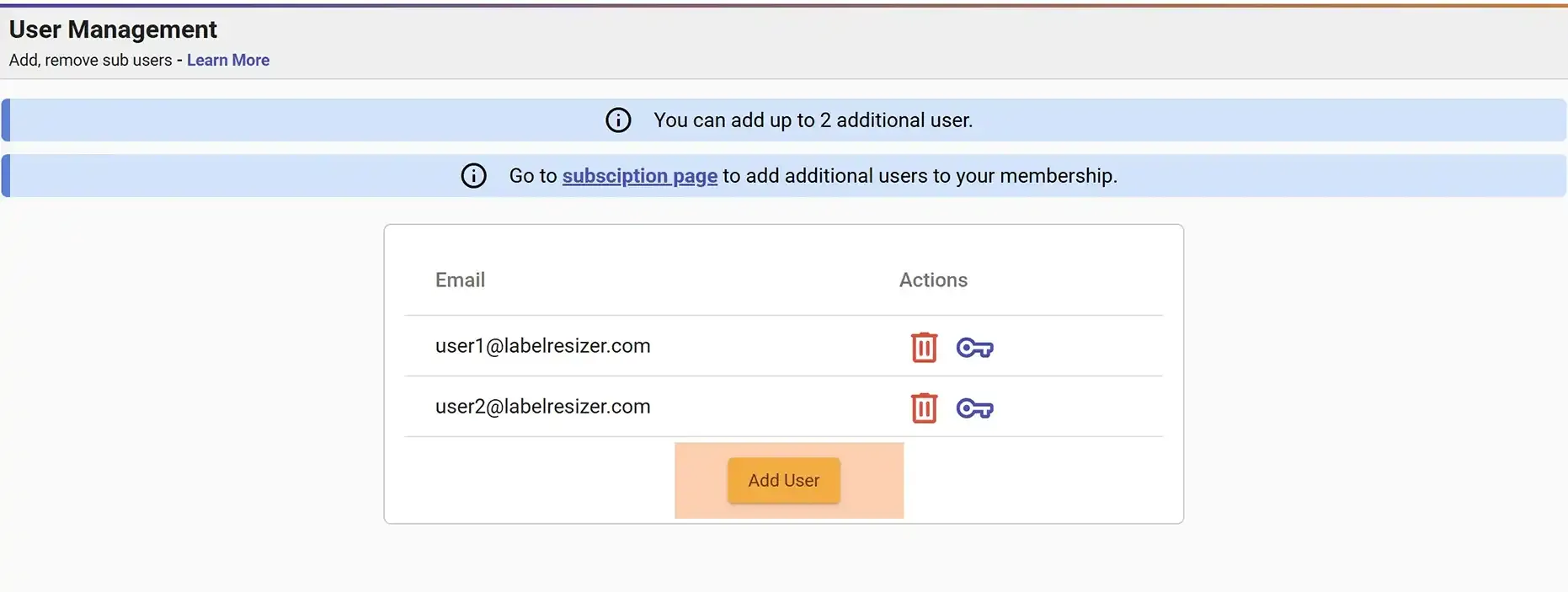 User Management page